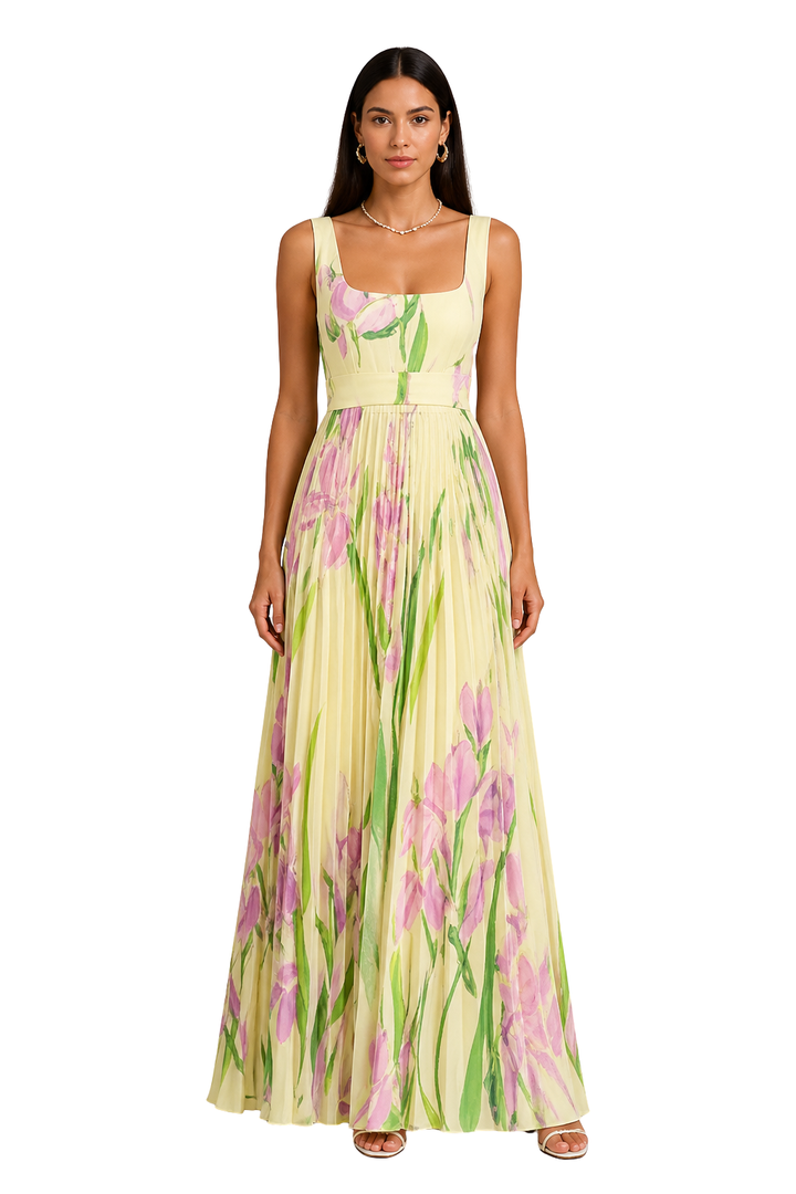 Yellow Women's Floral Pleated Square Neck Maxi Dress – Siopie