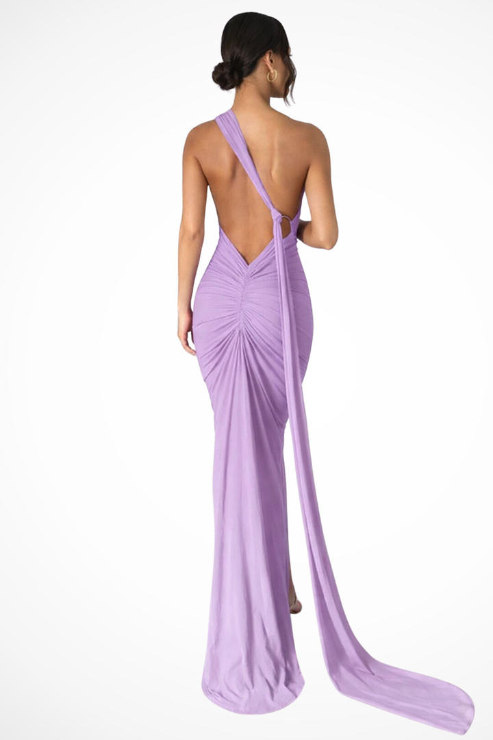 Siopie Women's One Shoulder Backless Ruched Maxi Dress in Light Purple