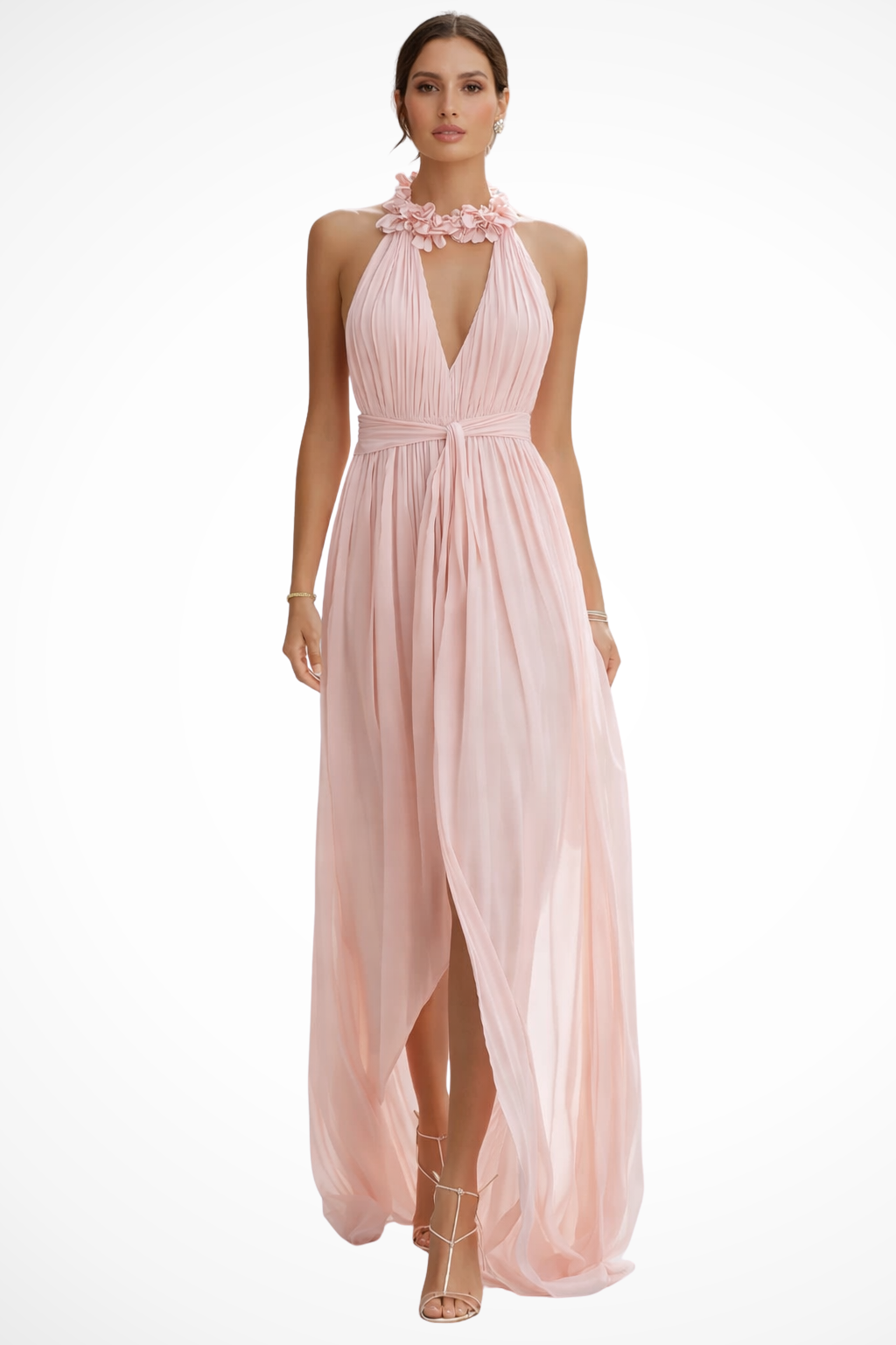 Siopie Women's Halter Neck Pleated Chiffon Maxi Dress in Pink
