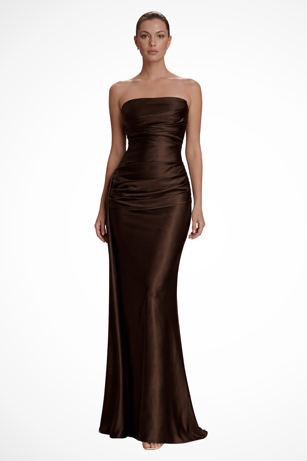 Siopie Women's Strapless Ruched Satin Maxi Dress in Brown