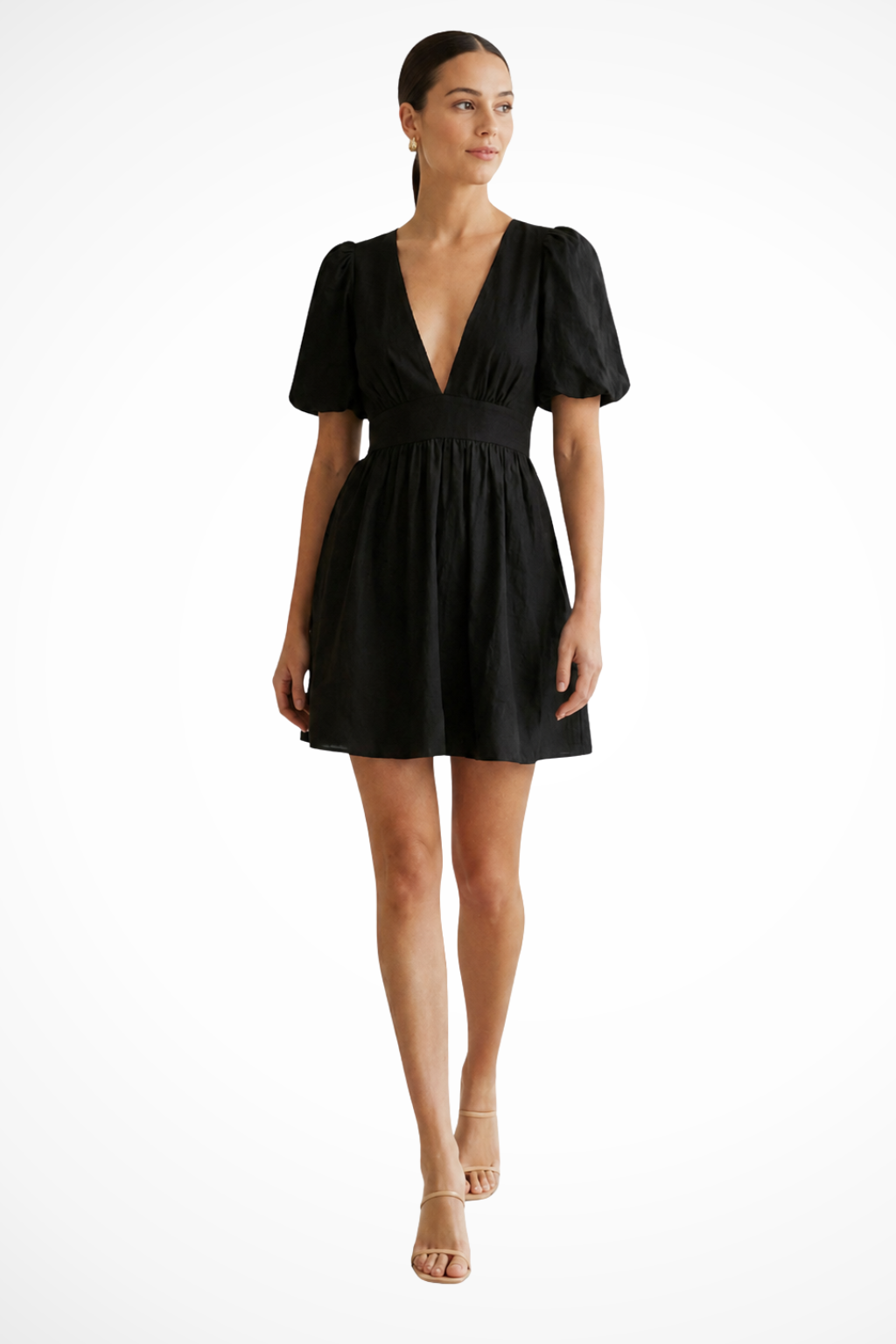 Siopie Puff Sleeve Linen Relaxed Mini Dress in Black