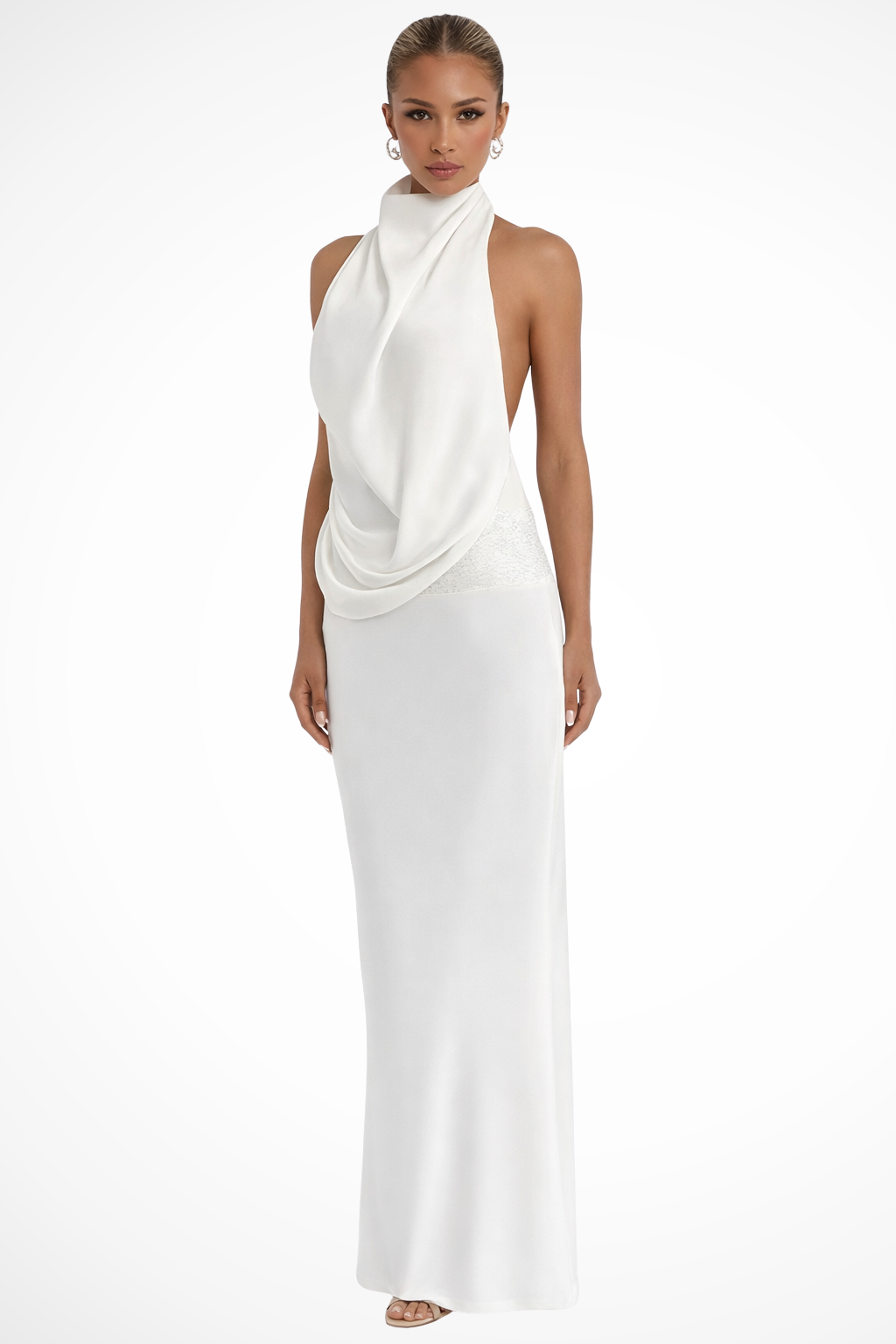 Siopie Women's Halter Neck Draped Satin Maxi Dress in White
