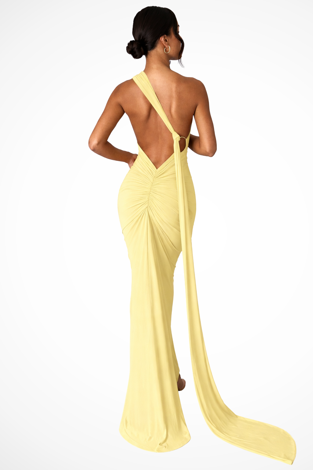 Siopie Women's One Shoulder Backless Ruched Maxi Dress in Light Yellow
