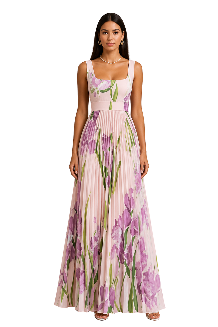 Pink Women's Floral Pleated Square Neck Maxi Dress – Siopie