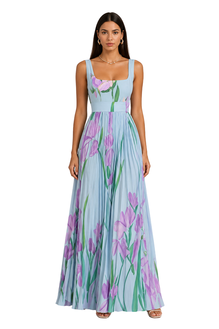 Blue Women's Floral Pleated Square Neck Maxi Dress – Siopie