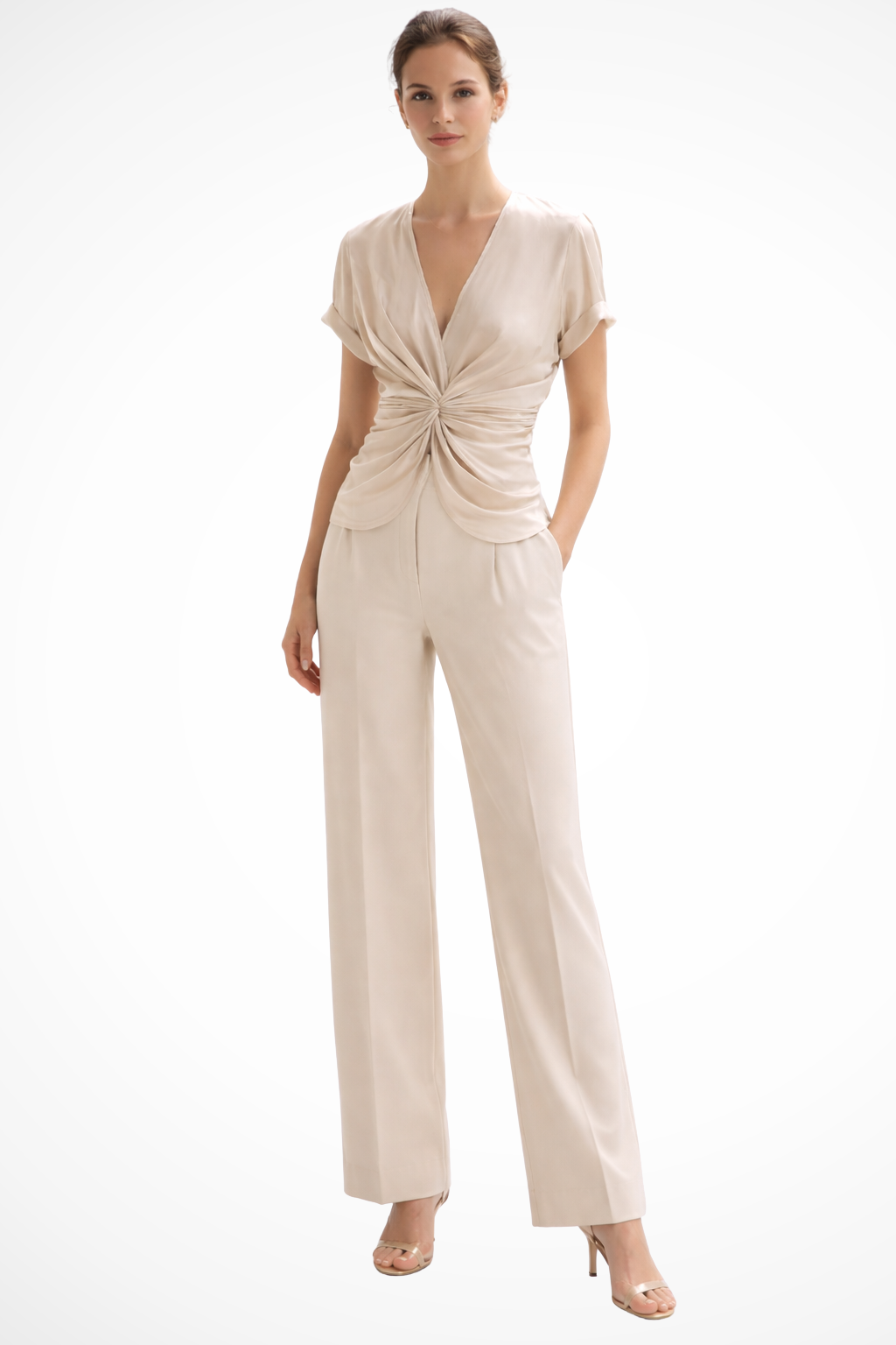 Siopie Women's V-Neck Twist Front Blouse in Cream