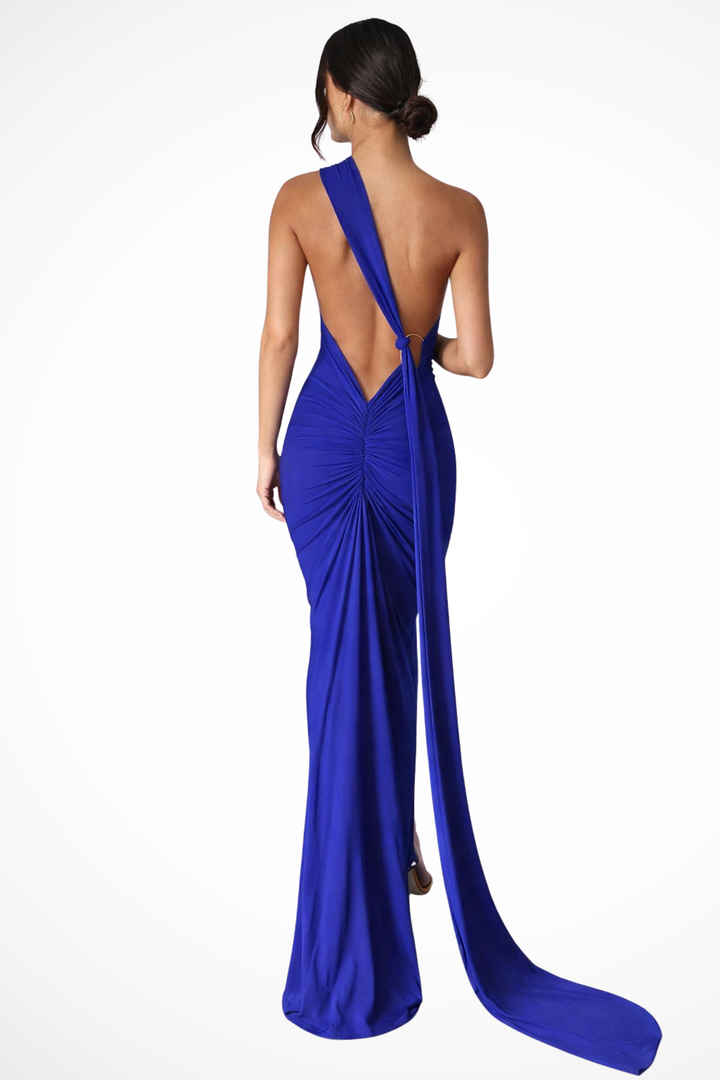 Siopie Women's One Shoulder Backless Ruched Maxi Dress in Deep Blue