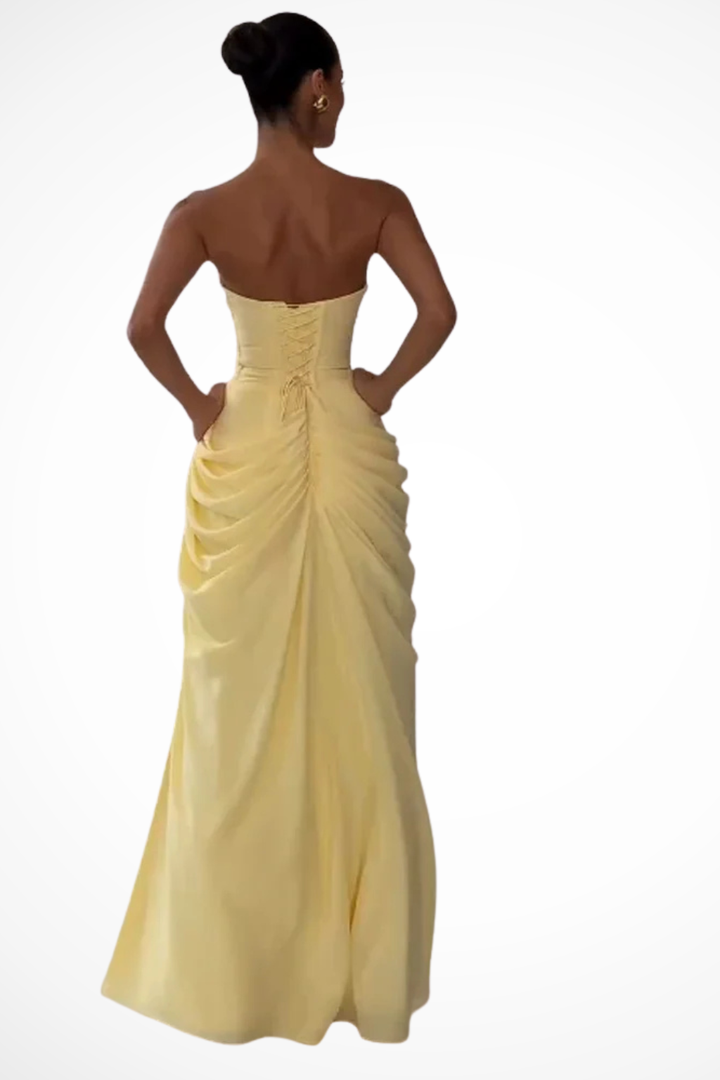 Strapless Ruched Slit Maxi Dress – Siopie