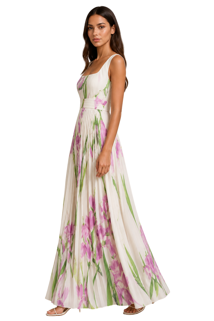 Women's Floral Pleated Square Neck Maxi Dress – Siopie