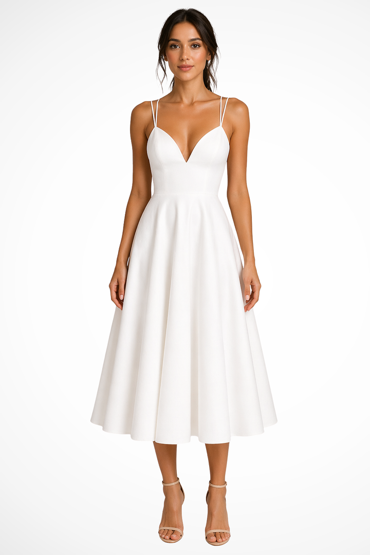 Siopie Women's Sweetheart Neck A-Line Midi Dress in White