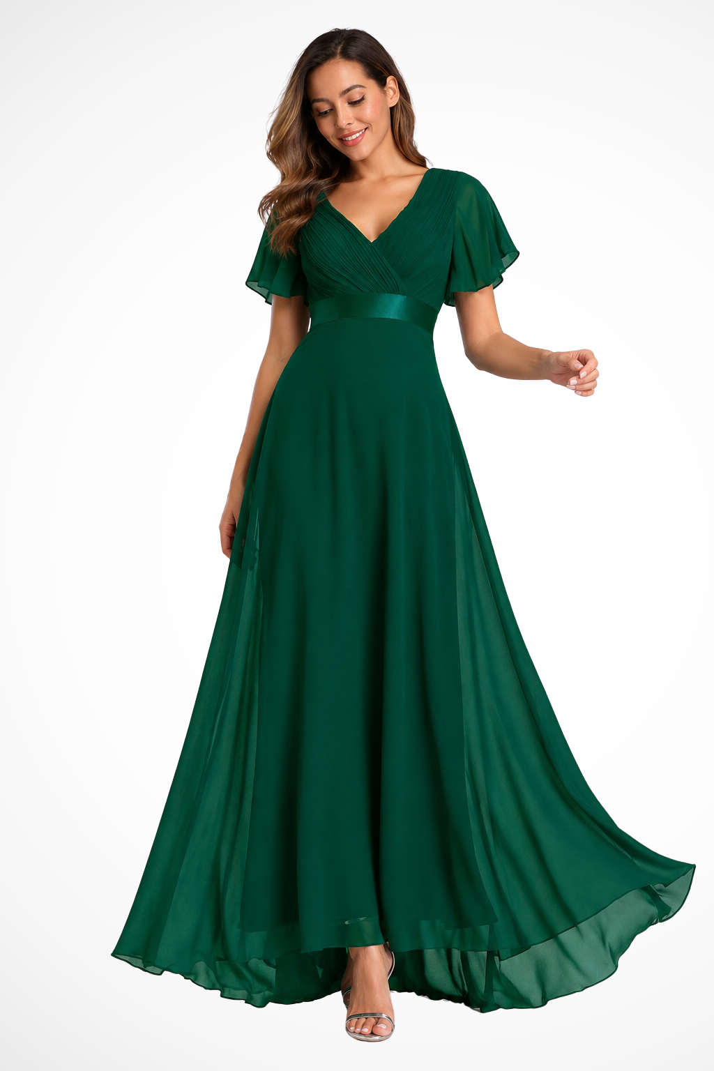Siopie Women's Chiffon Flutter Sleeve V-Neck Maxi Dress in Dark Green