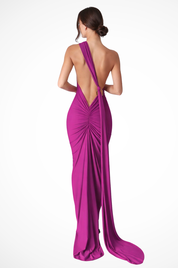 Siopie Women's One Shoulder Backless Ruched Maxi Dress in Purple