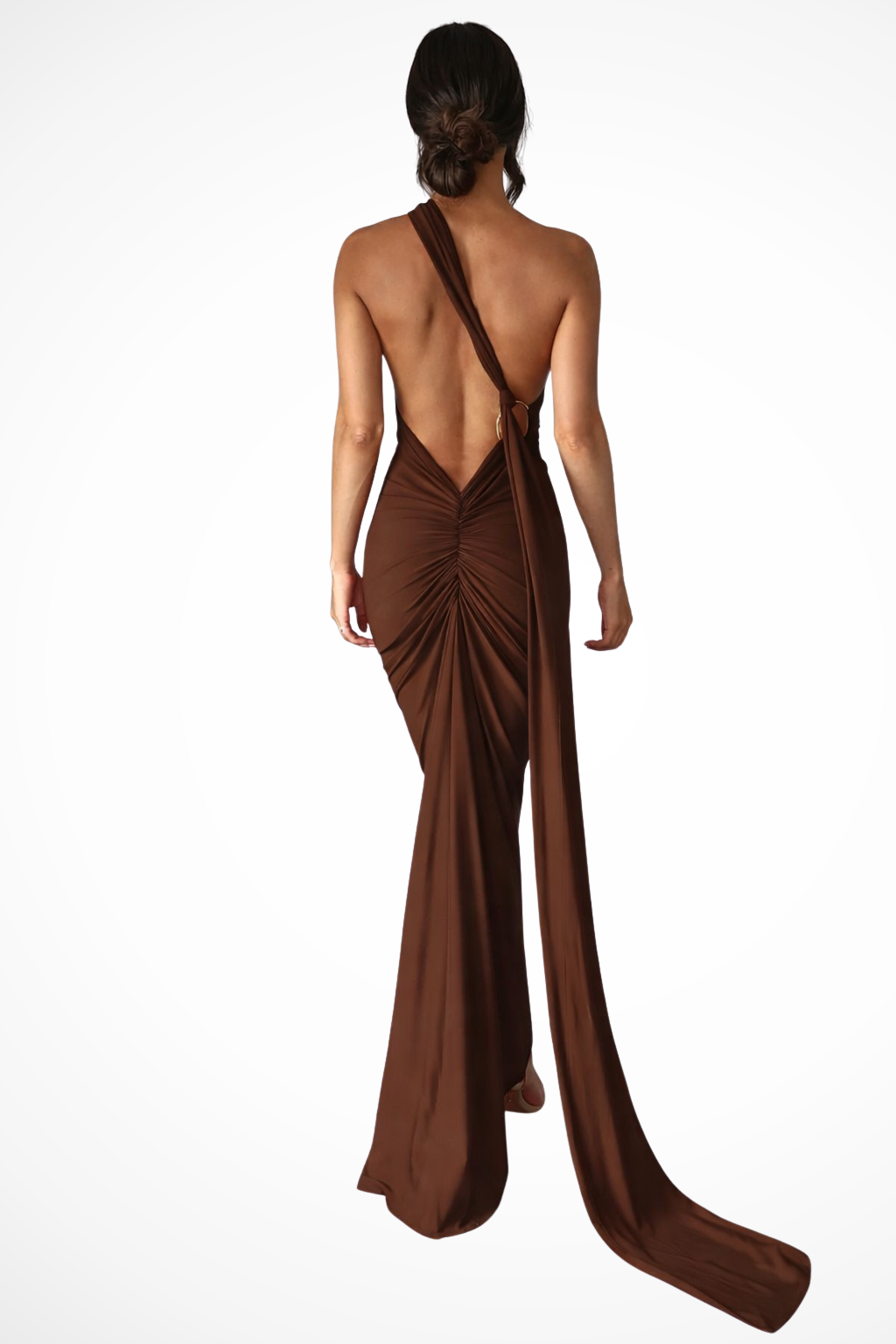 Siopie Women's One Shoulder Backless Ruched Maxi Dress in Brown