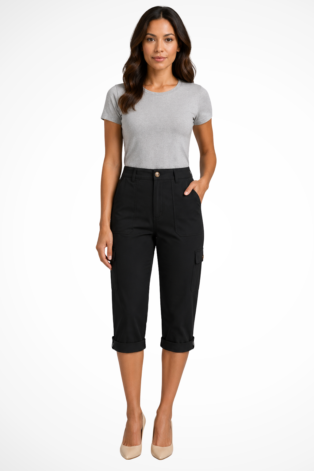 Siopie Women's Relaxed Cargo Cropped Trousers in Black
