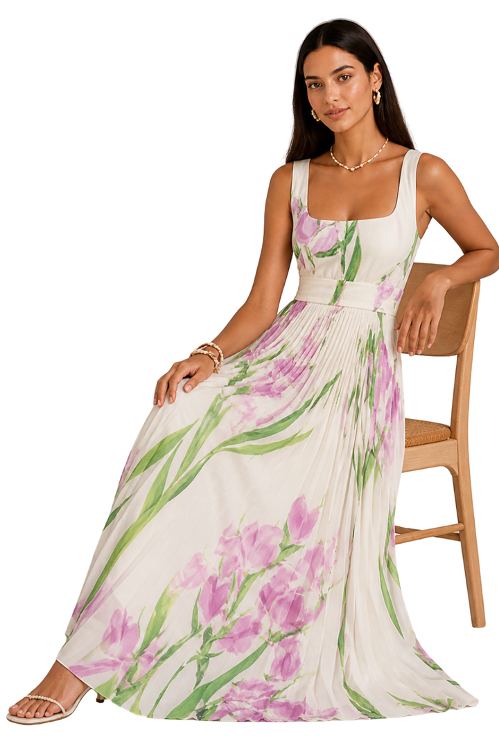 Women's Floral Pleated Square Neck Maxi Dress – Siopie