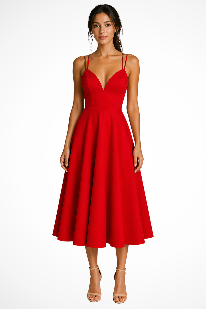Siopie Women's Sweetheart Neck A-Line Midi Dress in Red