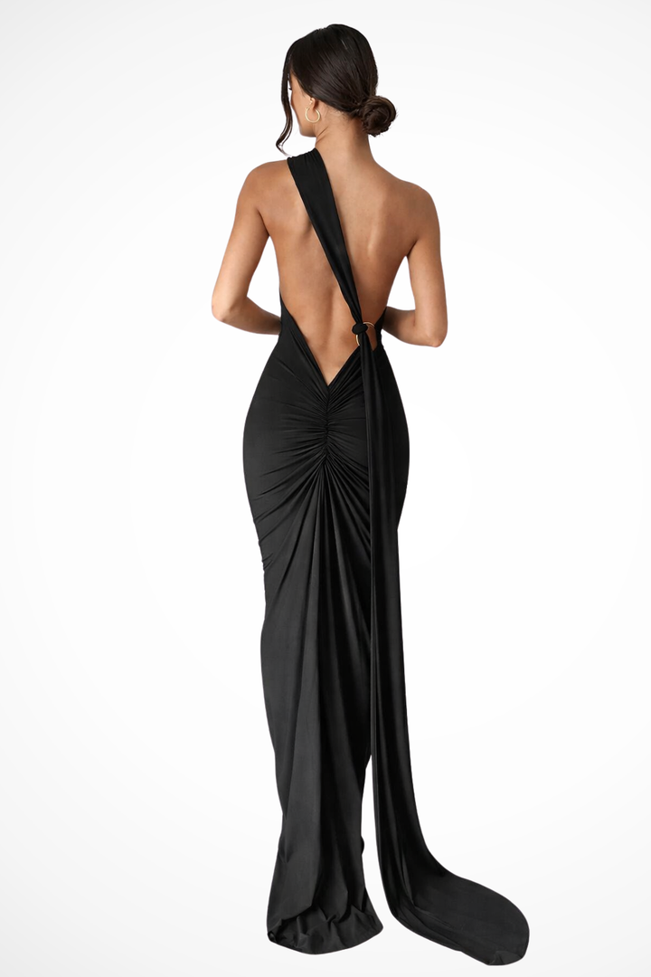 Siopie Women's One Shoulder Backless Ruched Maxi Dress in Black