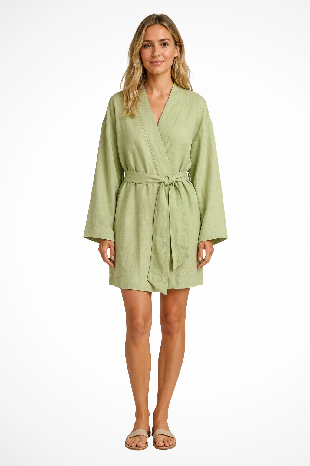 Siopie Linen Kimono Wrap Relaxed Midi Dress in Sage Green