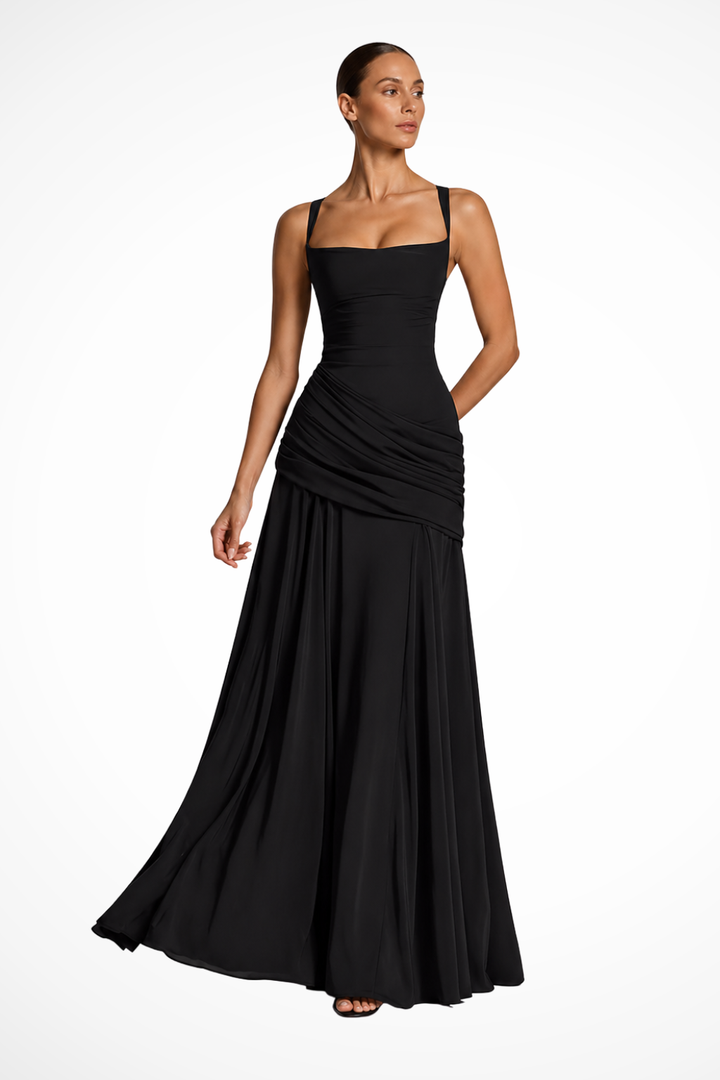 Siopie Women's Square Neck Ruched Maxi Dress in Black
