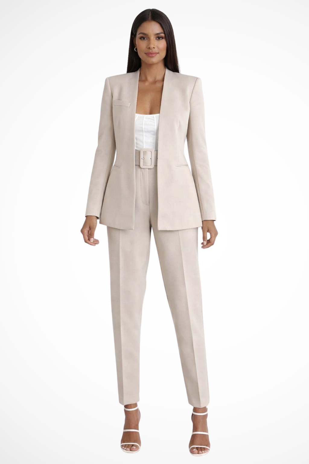 Tailored Blazer Wide Leg Trouser Suit Beige – Siopie
