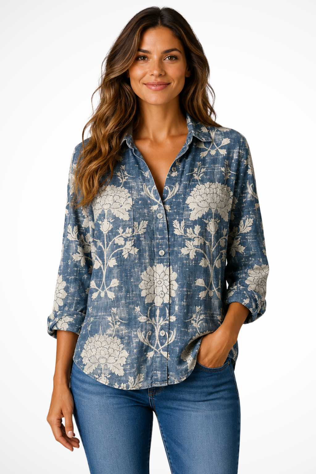 Siopie Bandana Print Boho Button-Down Blouse in Blue