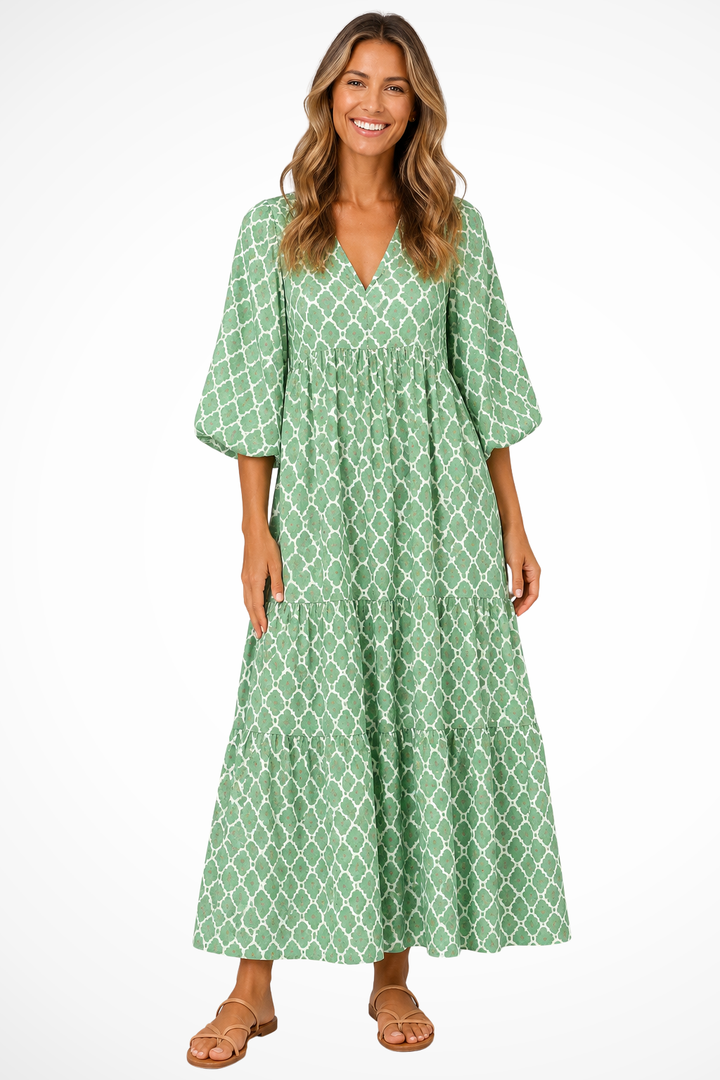 Siopie Boho Tiered Flowing V-Neck Maxi Dress in Green and White