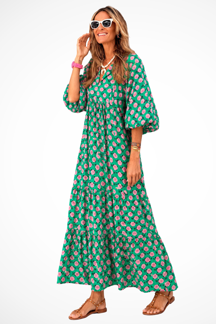 Siopie Boho Tiered Flowing V-Neck Maxi Dress