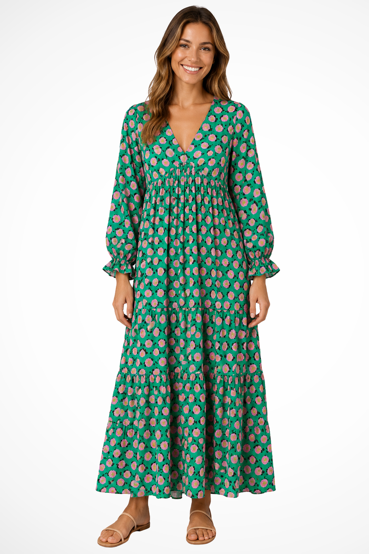 Siopie Boho Tiered Flowing V-Neck Maxi Dress in Green and Pink