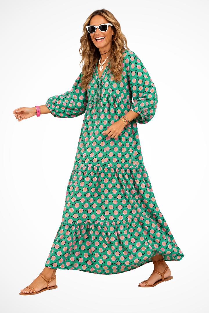 Siopie Boho Tiered Flowing V-Neck Maxi Dress