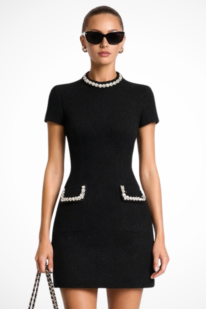 Siopie Women's Pearl Trim Mini Dress in Black