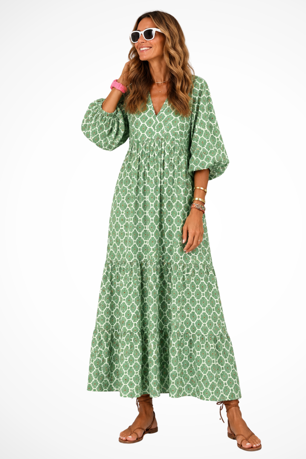 Siopie Boho Tiered Flowing V-Neck Maxi Dress