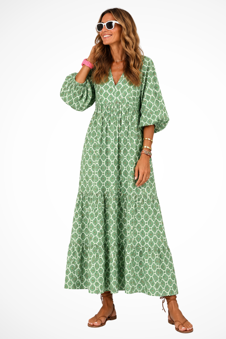 Siopie Boho Tiered Flowing V-Neck Maxi Dress