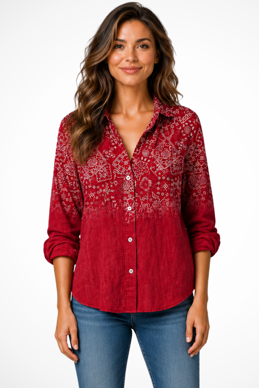 Siopie Bandana Print Boho Button-Down Blouse in Red