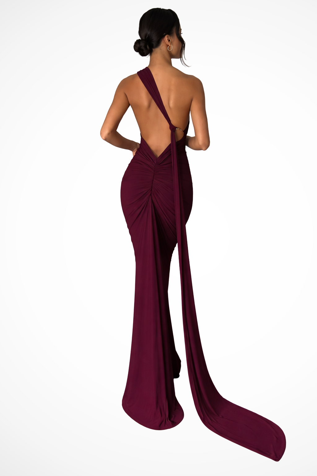 Siopie Women's One Shoulder Backless Ruched Maxi Dress in Claret