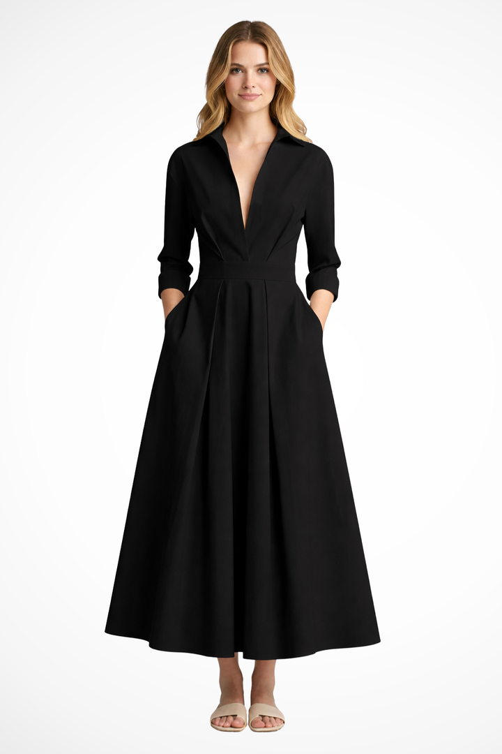 Collared Button-Front Midi Dress Black – Siopie