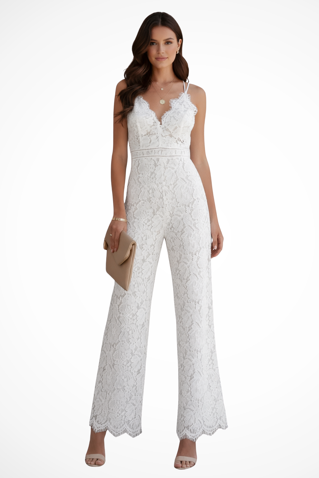 Siopie Women's Lace V-Neck Strappy Wide Leg Jumpsuit in White
