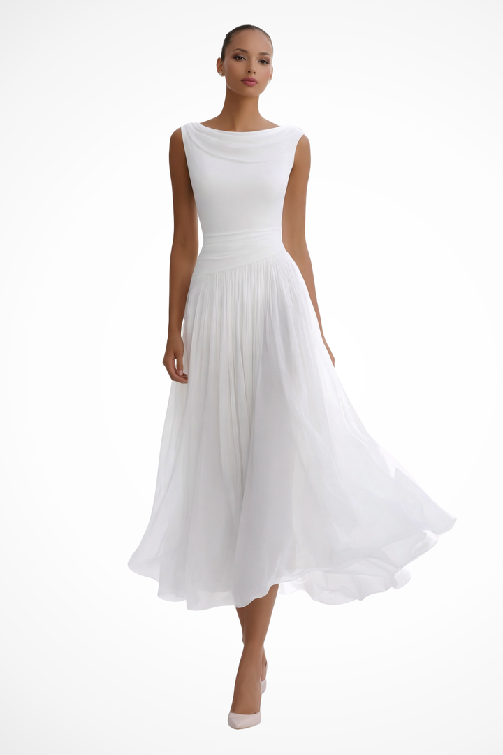 Draped Pleated Midi Dress White – Siopie