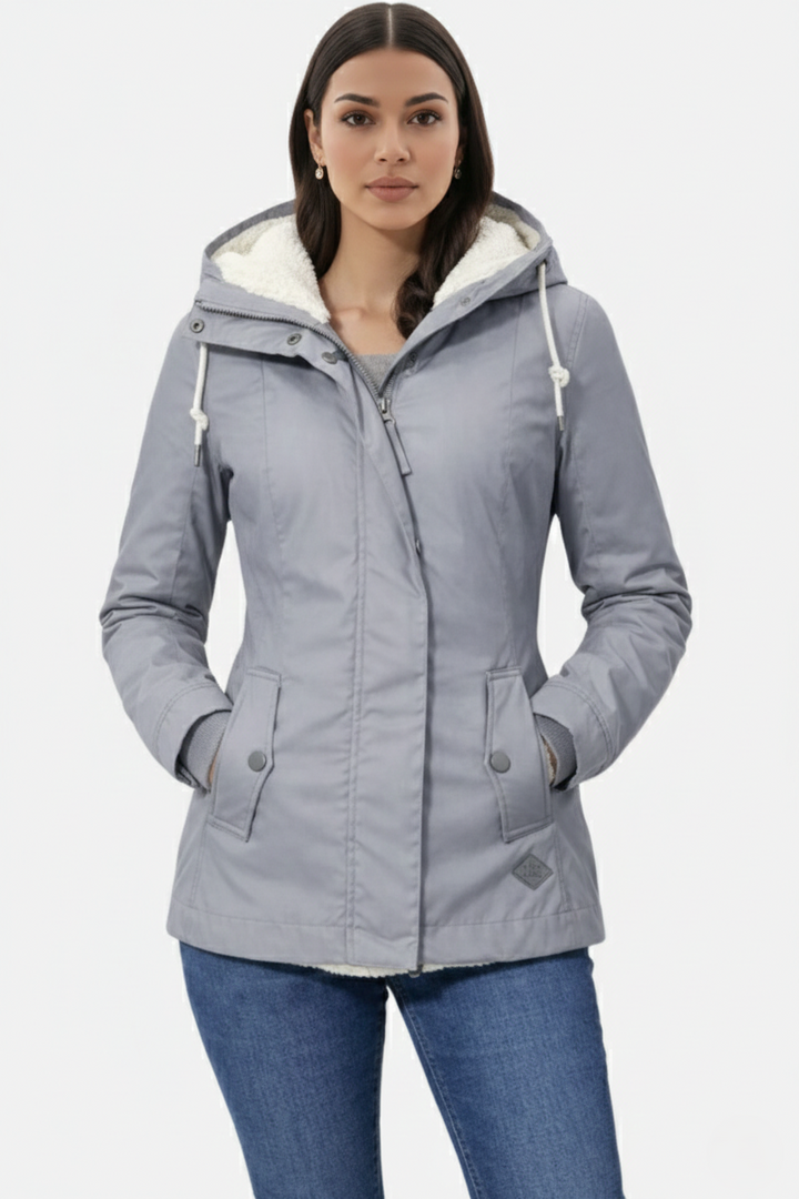 Waterproof Zip-Up Jacket with Fleece-Trim Hood and Pockets