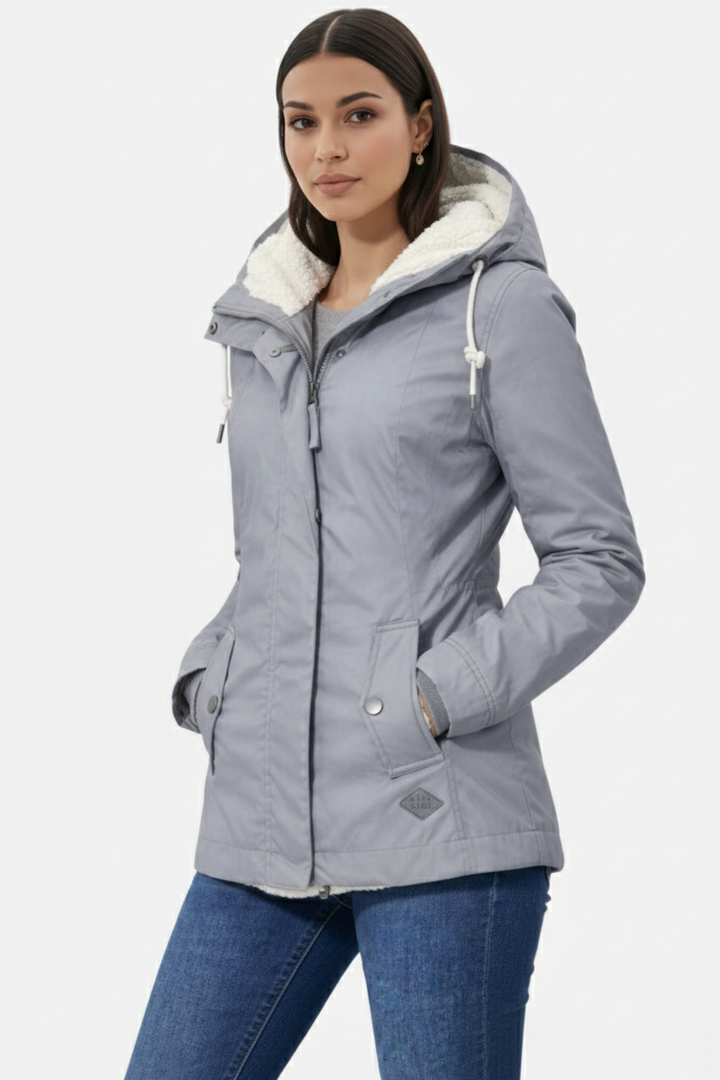 Waterproof Zip-Up Jacket with Fleece-Trim Hood and Pockets