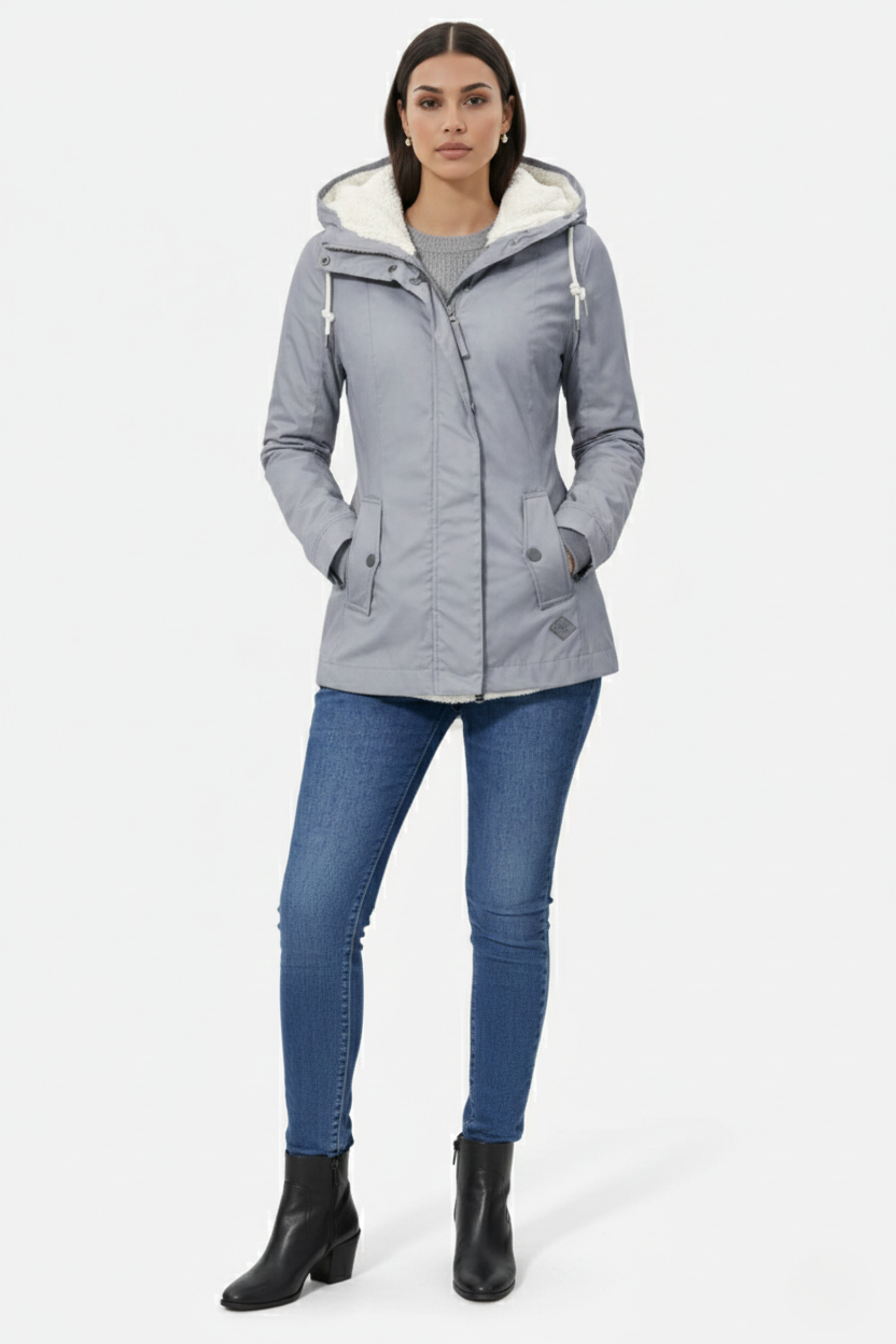 Waterproof Zip-Up Jacket with Fleece-Trim Hood and Pockets