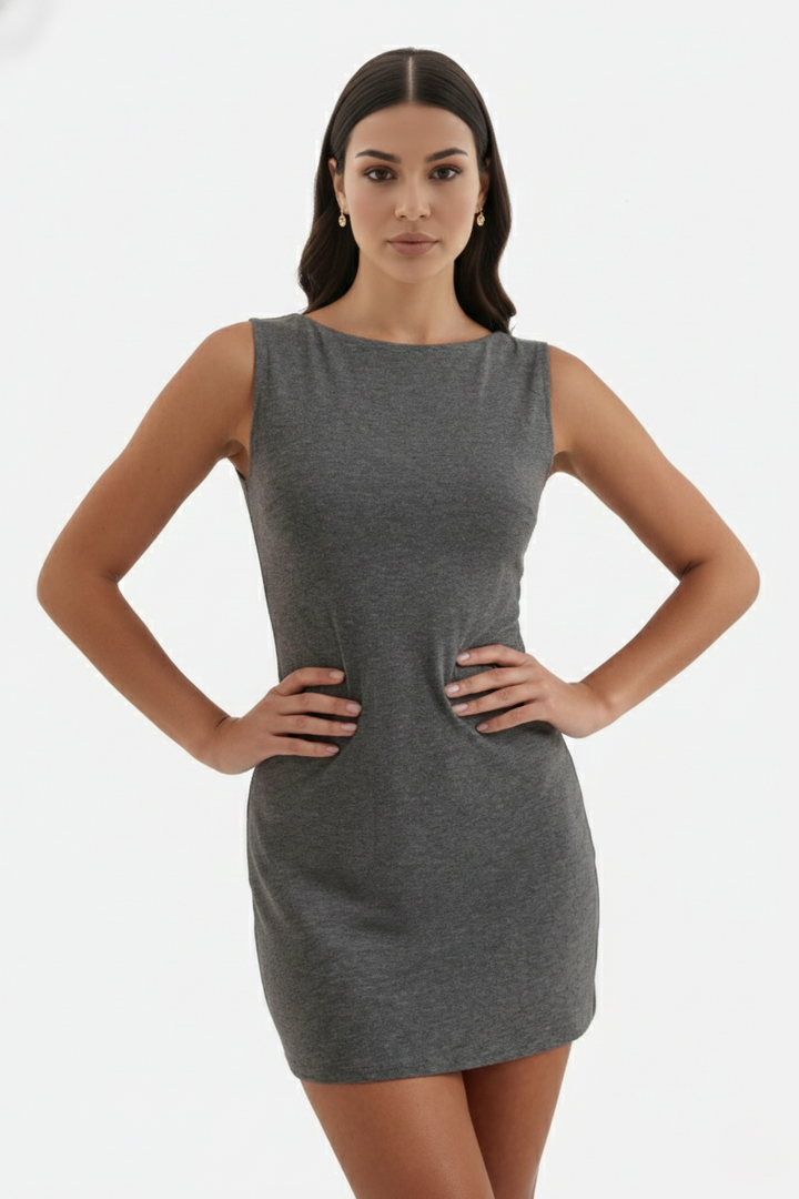 Bodycon Mini Dress Boat Neck Sleeveless Ribbed Knit Basic Stretch