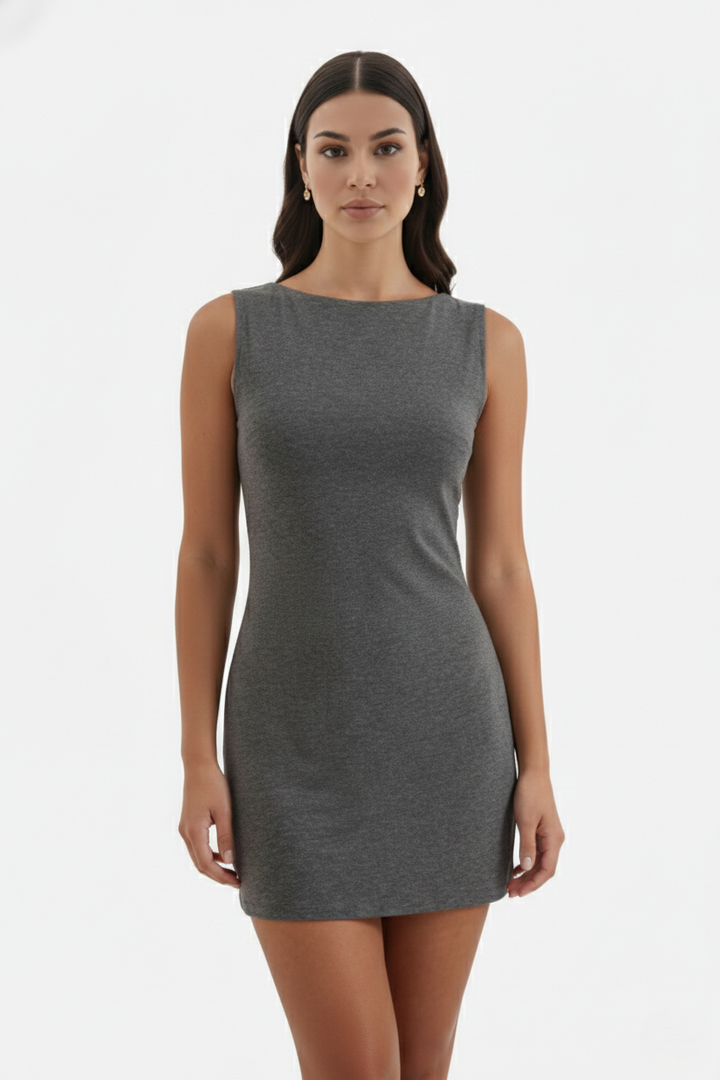 Bodycon Mini Dress Boat Neck Sleeveless Ribbed Knit Basic Stretch