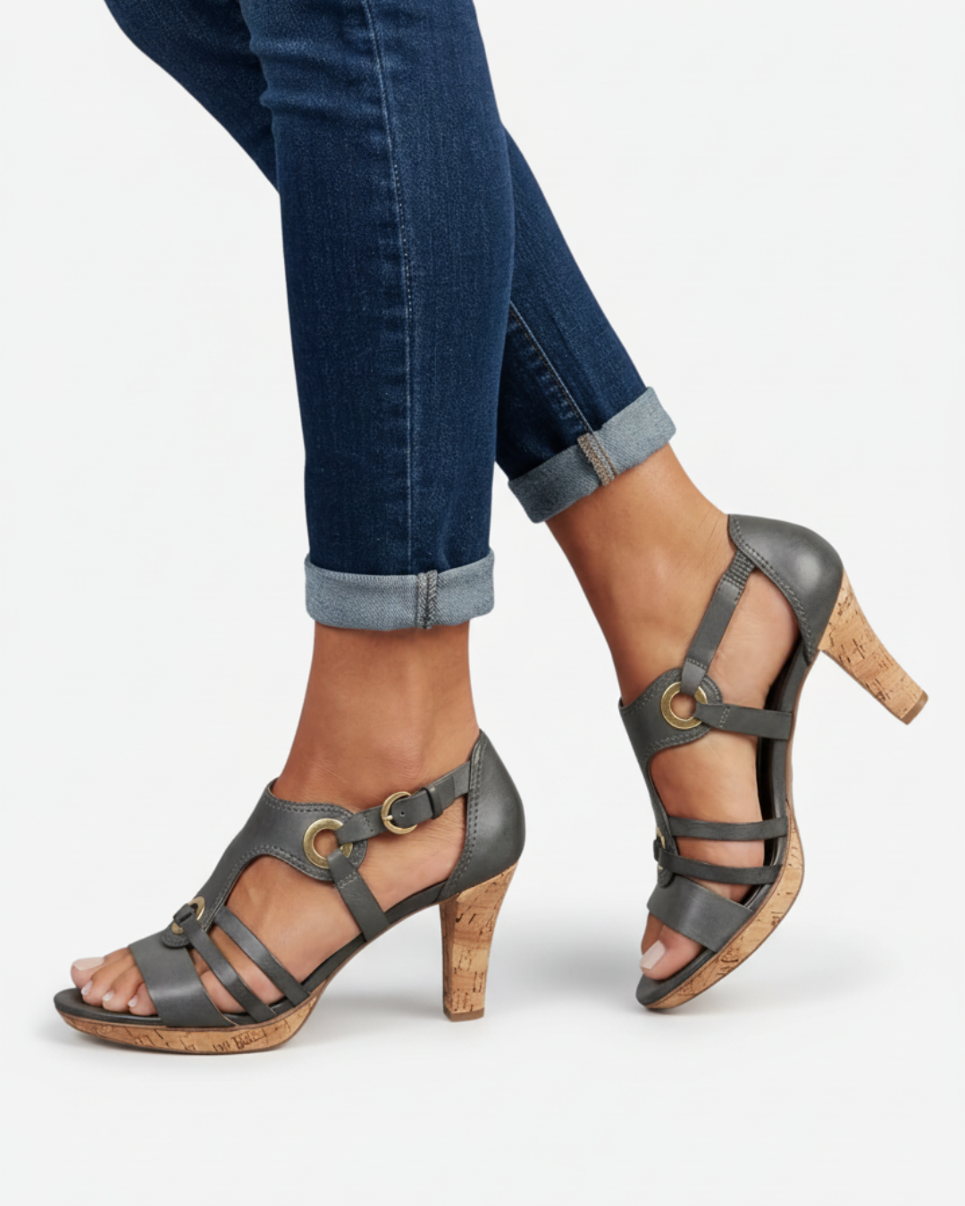Cork Heel Sandals Women Open Toe Buckle Strap