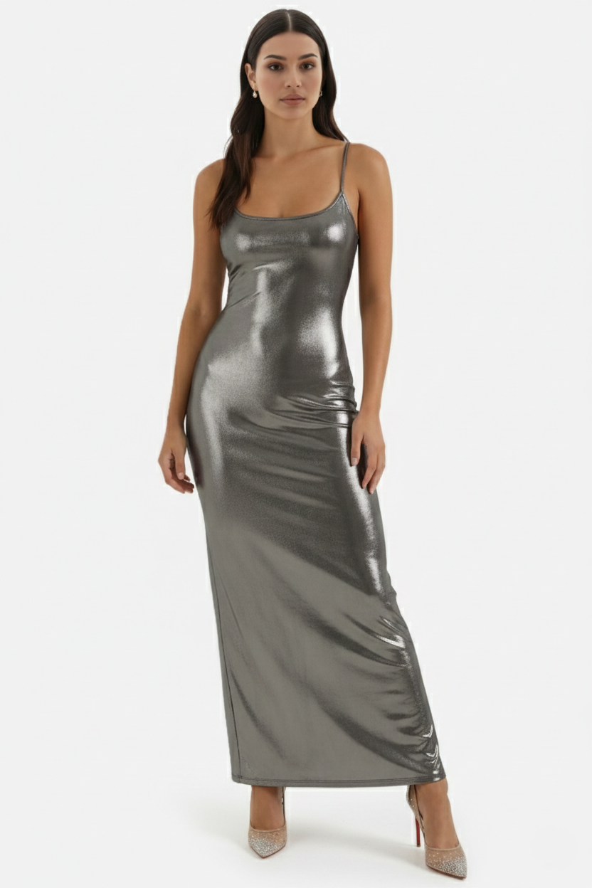 Party Dress Metallic Bodycon with Spaghetti Strap Maxi