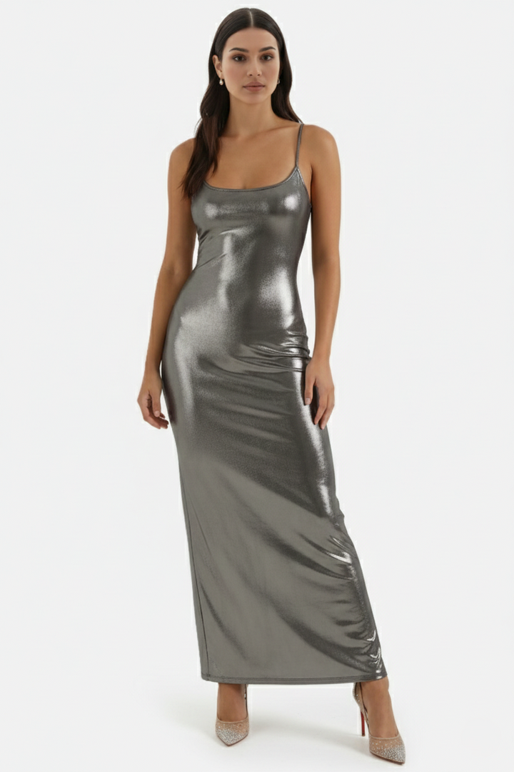 Party Dress Metallic Bodycon with Spaghetti Strap Maxi