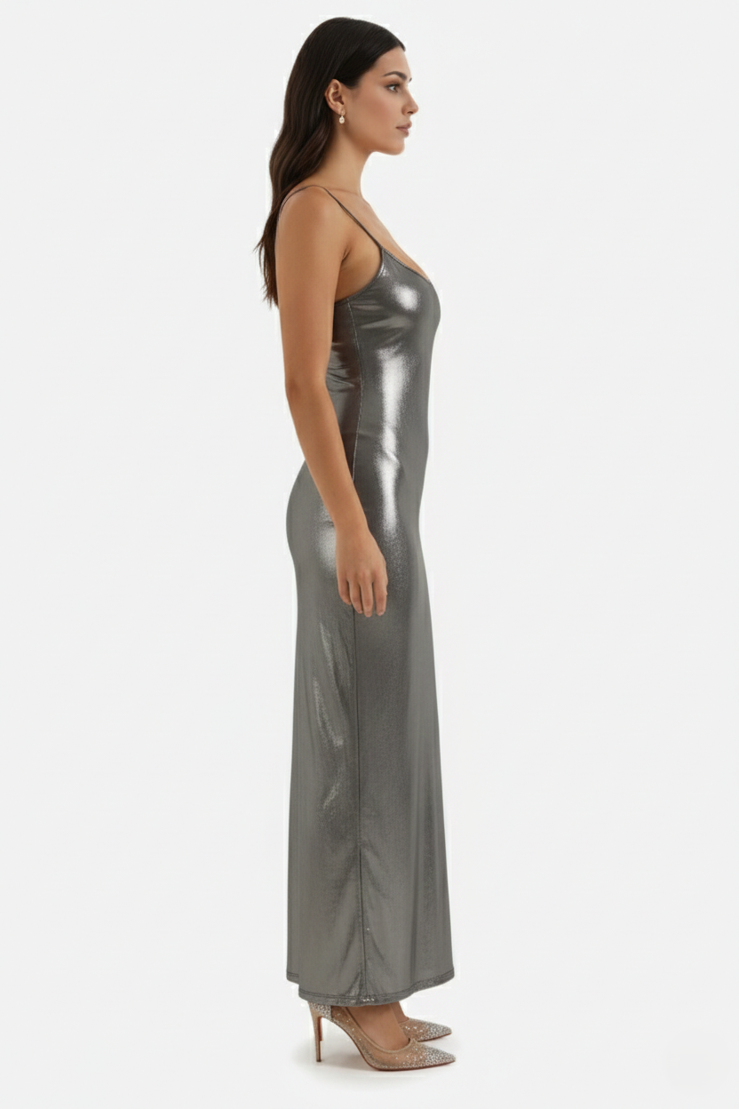 Party Dress Metallic Bodycon with Spaghetti Strap Maxi