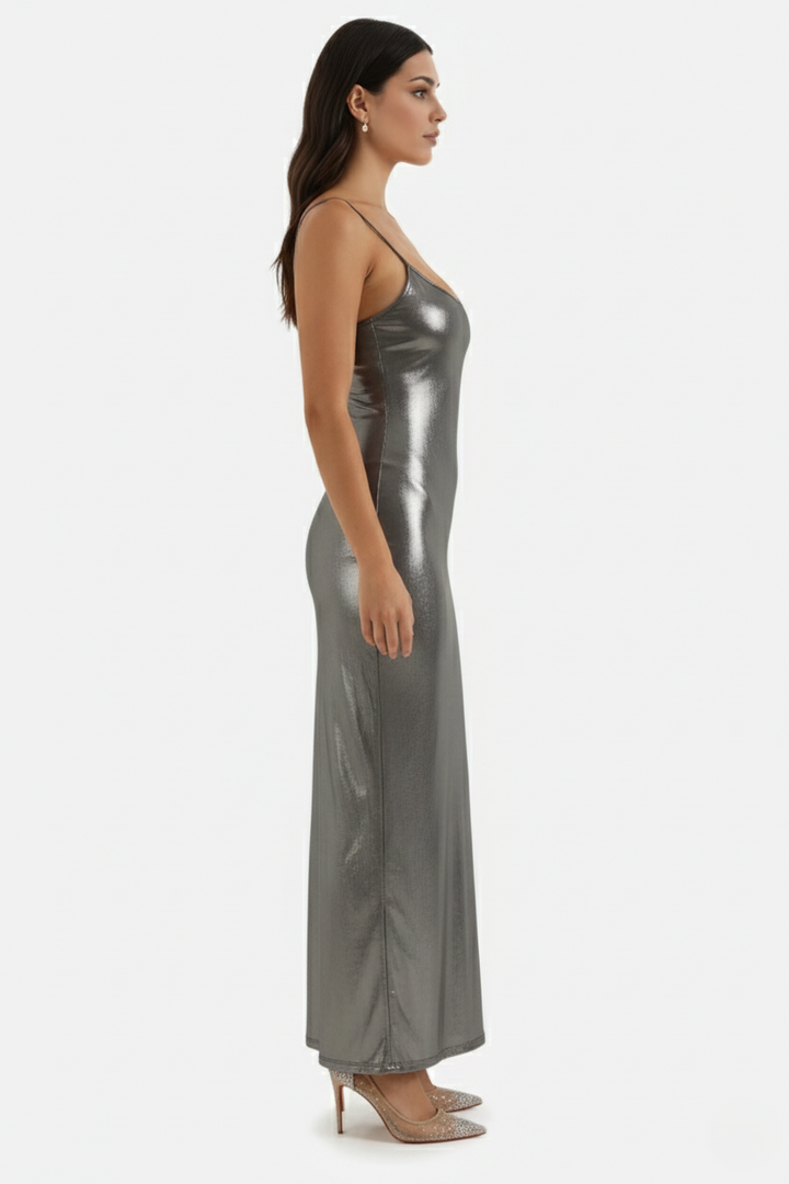 Party Dress Metallic Bodycon with Spaghetti Strap Maxi