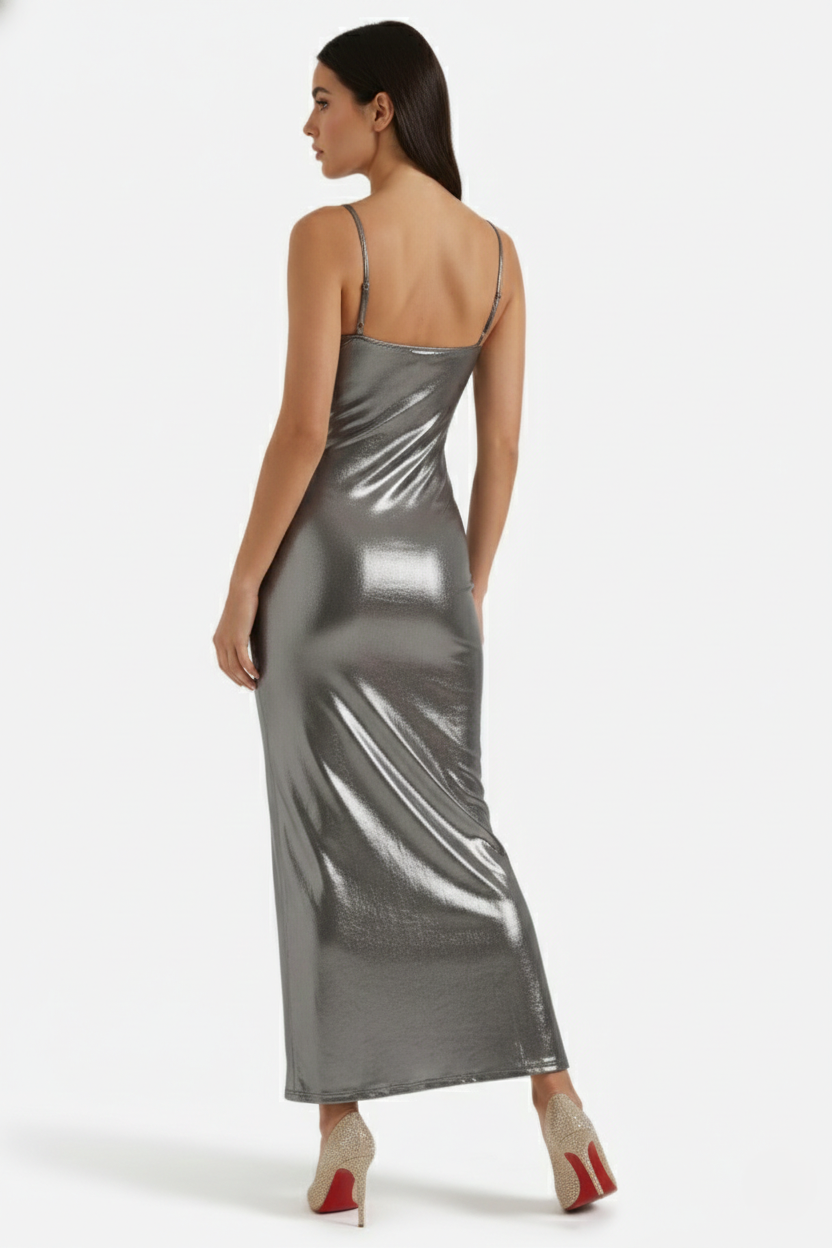 Party Dress Metallic Bodycon with Spaghetti Strap Maxi