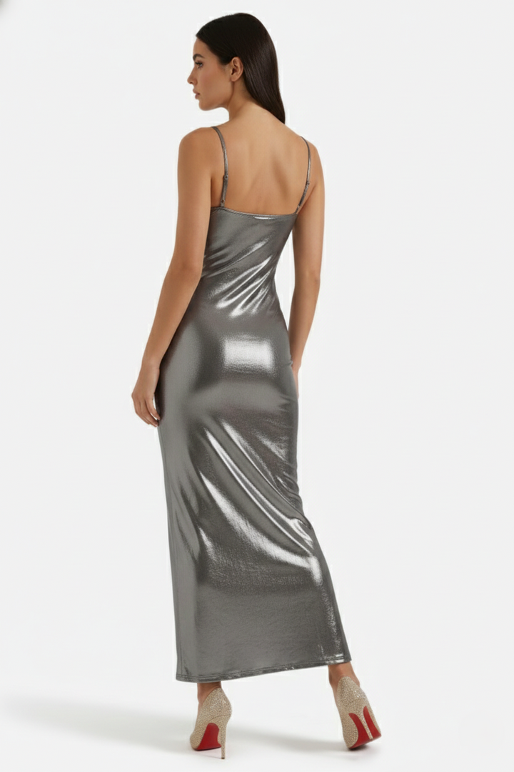 Party Dress Metallic Bodycon with Spaghetti Strap Maxi