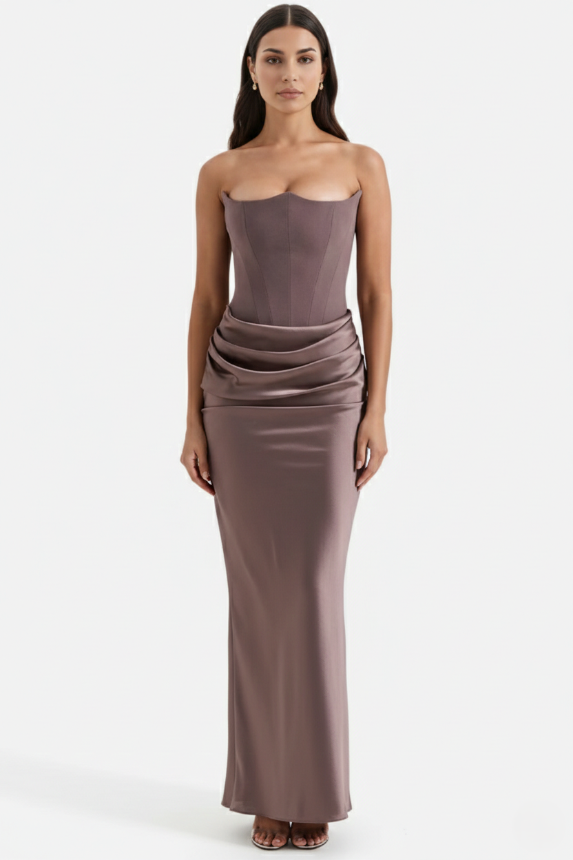 Strapless Corset Maxi Dress Structured Bodice Draped Detail